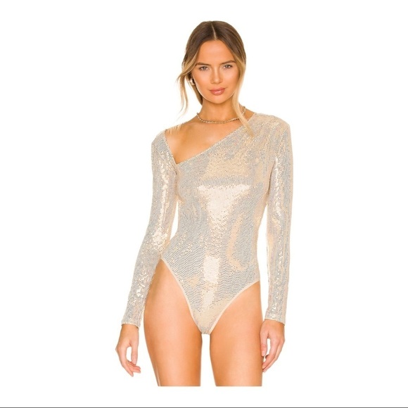 ASTR The Label Gold Bodysuit  Della Metallic Sequins Long Sleeves Thong Back S - Picture 1 of 11